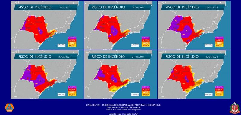 Cor roxa indica alta probabilidade de incêndios na região, principalmente nesta quarta e quinta-feira