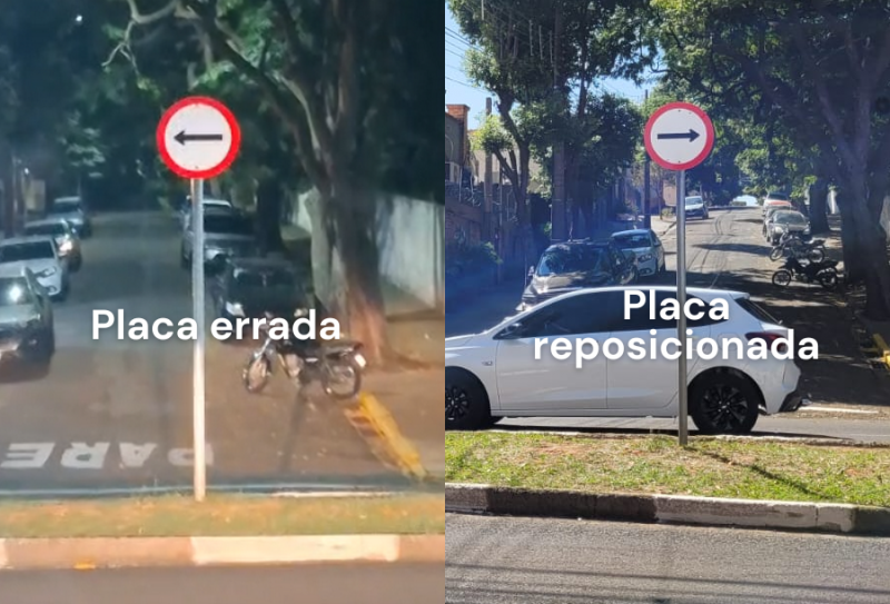 Equipe da Semob reposicionou placa que havia sido instalada com sentido errado