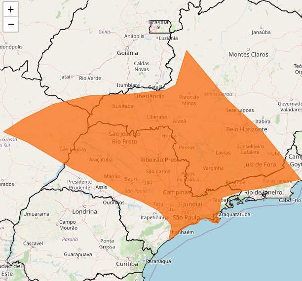 Área laranja abrange regiões com alerta para perigo de tempestade